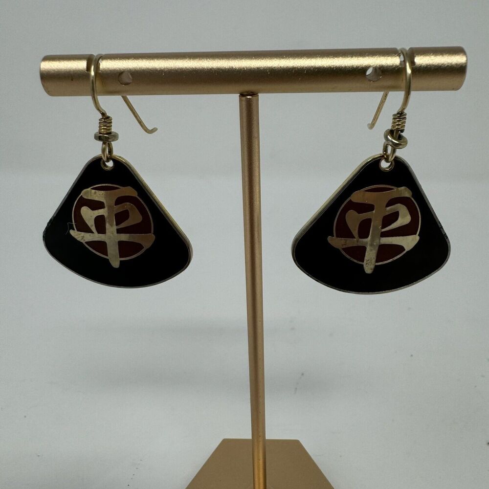 Vintage Laurel Burch Black Brown Chinese Cloisonne Enamel Gold Plated Earrings